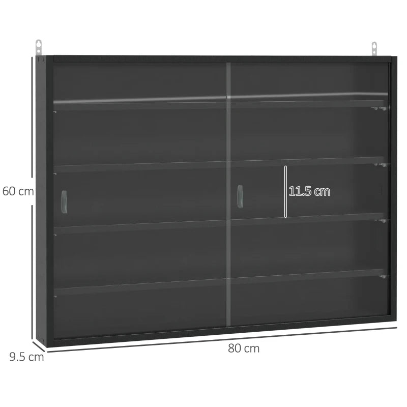 HOMCOM 5-Tier Wall Display Shelf Cabinet, 4 Adjustable Shelves Glass Doors, Black