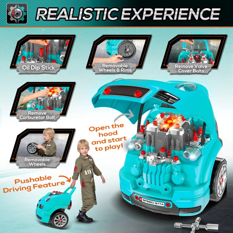 HOMCOM Kids Truck Engine Toy Set with Horn, Light, and Car Key, for 3-5 Years, Blue