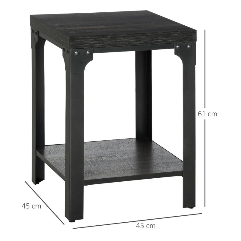HOMCOM Side Table Set of 2 with Storage Shelf, Steel Frame and Thickened Top, Dark Walnut