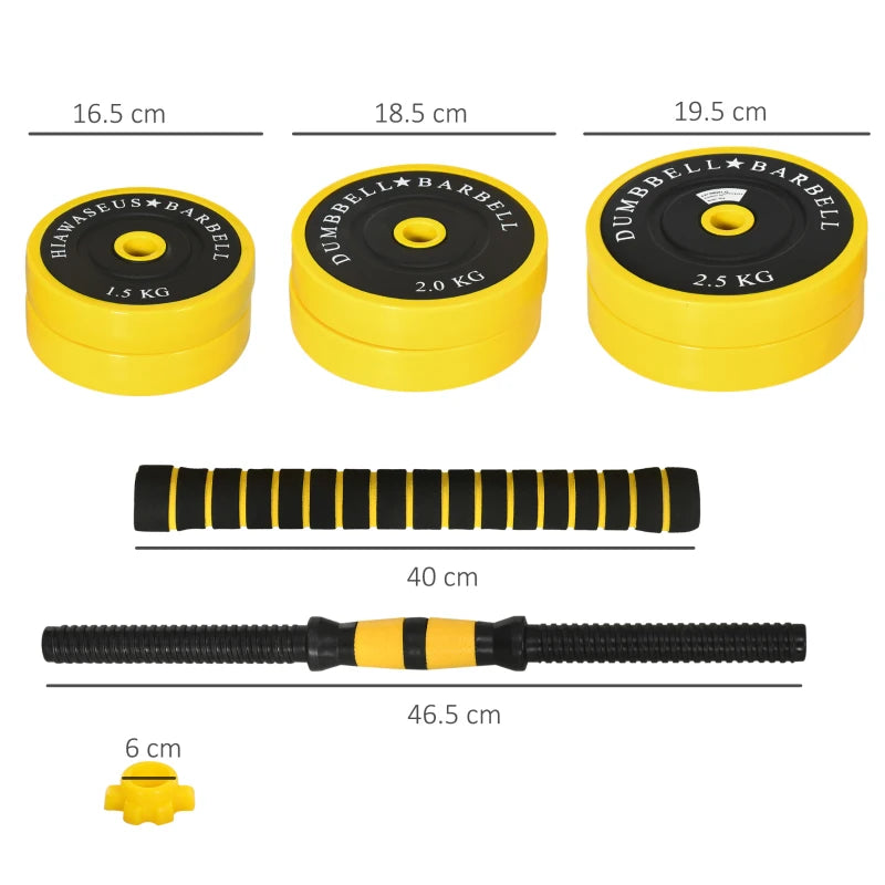 HOMCOM 25KG Dumbbell & Barbell Adjustable Set Plate Bar Clamp Rod Ergonomic, Yellow/Black