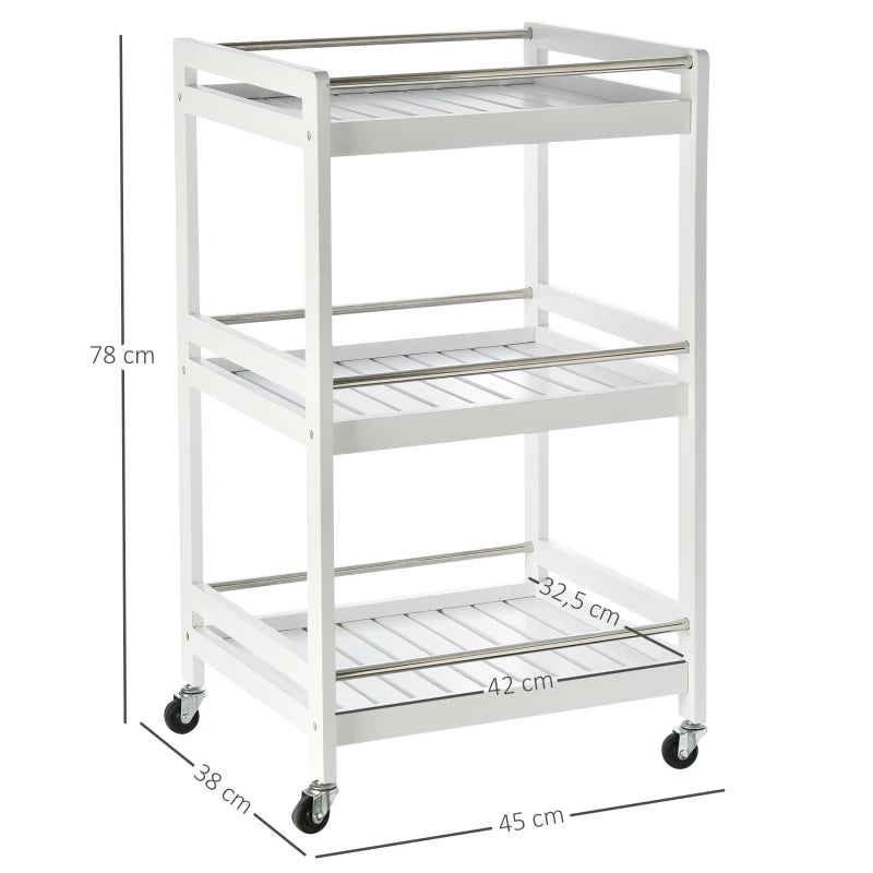 HOMCOM 3-Tier Home Kitchen Storage Cart with Steel Bars & Rolling Wheels, White