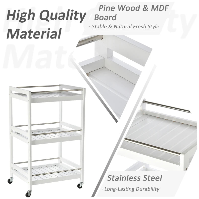 HOMCOM 3-Tier Home Kitchen Storage Cart with Steel Bars & Rolling Wheels, White