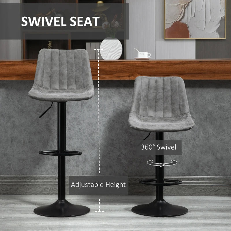 HOMCOM Set of 2 Adjustable Height Barstools, Swivel Dining Chairs 360°, Grey