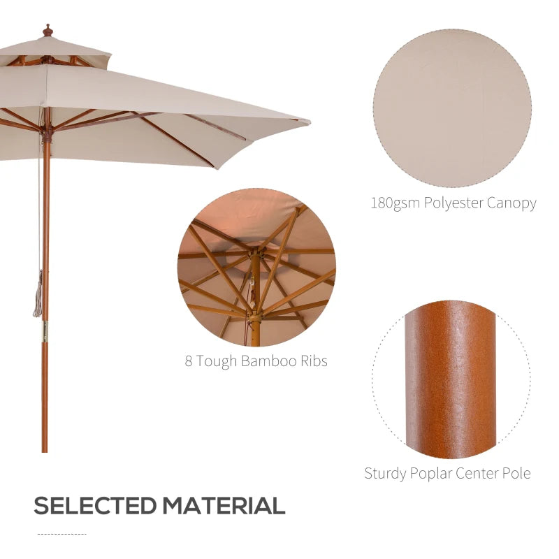 Outsunny 3m x 3m Wooden Parasol Patio Garden Umbrella Sunshade Canopy 2-Tier, Beige