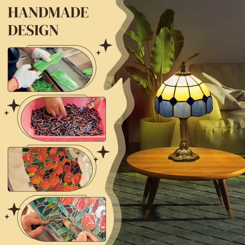 HOMCOM Handmade Stained Glass Table Lamp, Antique Bedside Decorative Night Light, Blue