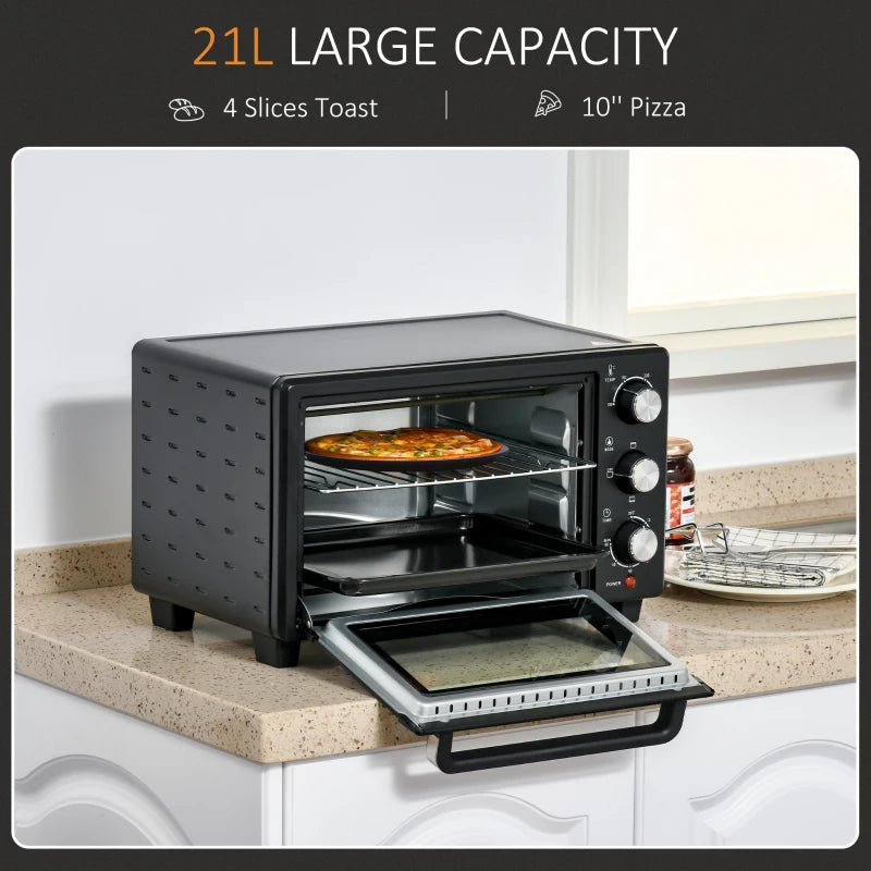 HOMCOM 21L Mini Oven, with Adjustable Temperature, Timer, Tray and Rack, 1400W, Black