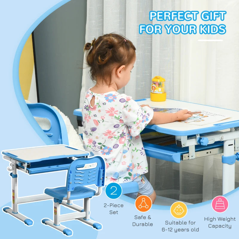 HOMCOM Kids Desk and Chair Set, Adjustable Study Table with Desktop, Drawer, Blue