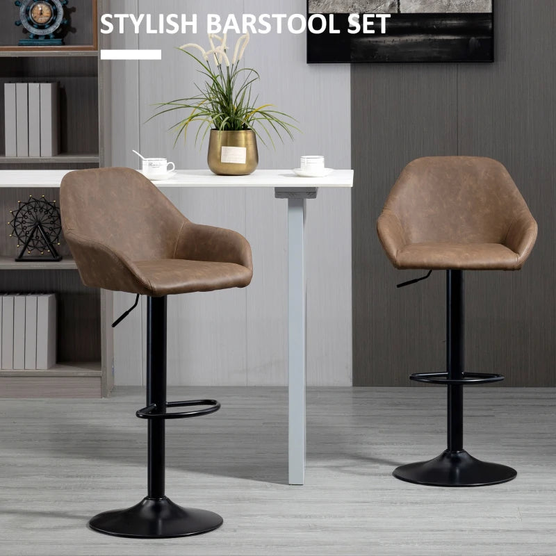 HOMCOM Set of 2 Swivel PU Leather and Steel Base Bar Stools with Footrest & Backrest, Dark Brown