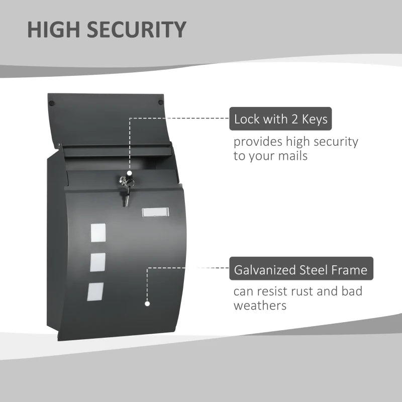 HOMCOM Modern Wall Mounted Letter Box with 2 Keys and Nameplate, Anthracite Grey