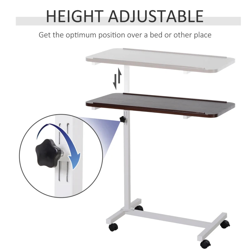 HOMCOM Height Adjustable Overbed Table with Wheels, C Shaped Laptop Desk, Portable Bedside Table, Brown
