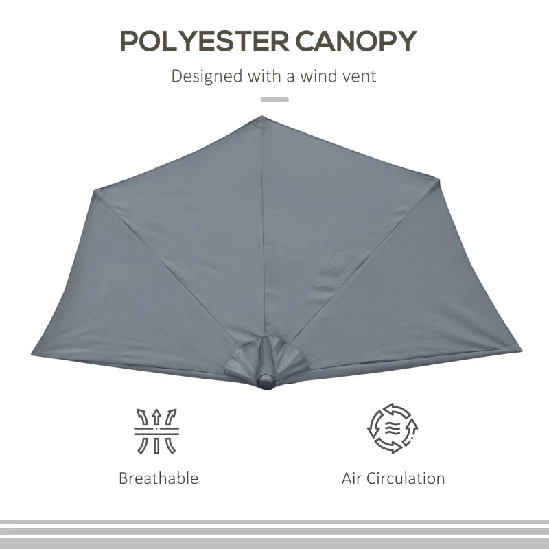 Outsunny 2.7m Garden Half Parasol, Balcony Umbrella Shade with 5 Steel Ribs, Grey