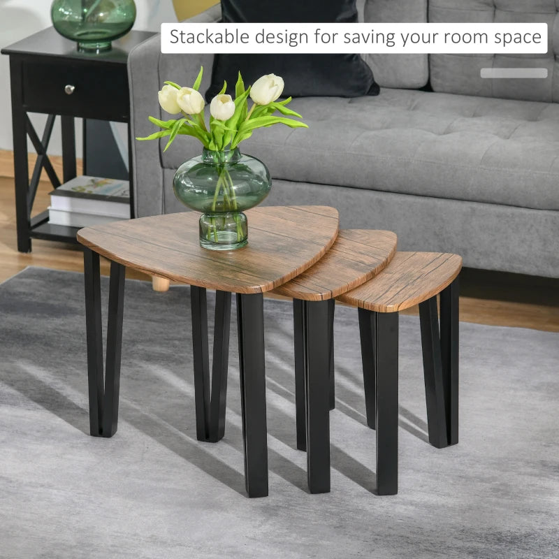 HOMCOM Set of 3 Coffee Table, Nesting Tables with Metal Legs, Walnut, Wood Grain