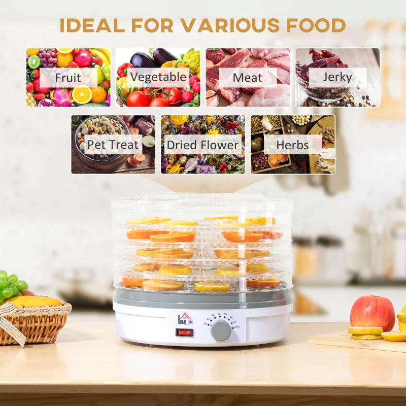 HOMCOM 5 Tier Food Dehydrator with Temperature Control for Drying Fruit, Meat, White