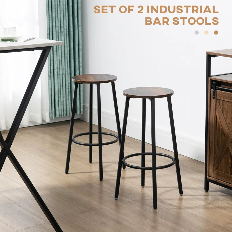 HOMCOM Set of 2 Bar Stools with Sturdy Steel Frame, 65cm High Seat, Rustic Brown