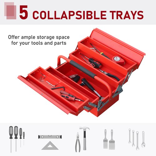 Professional Metal Tool Box 3 Tier 5 Tray With Carry Handle, 45x22.5x34.5 cm, Red