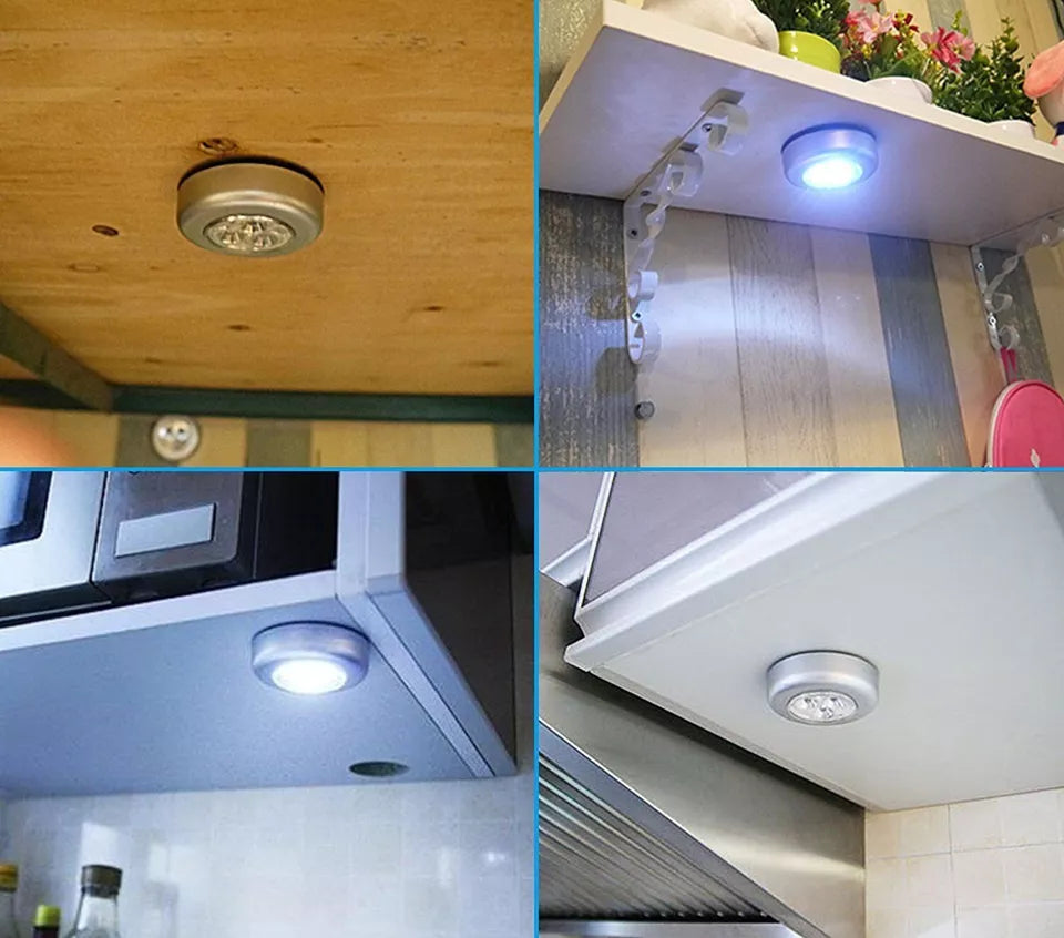 Pack of 6 Self Stick&Click 3 LED Light Battery Operated Push On/Off Safety Light