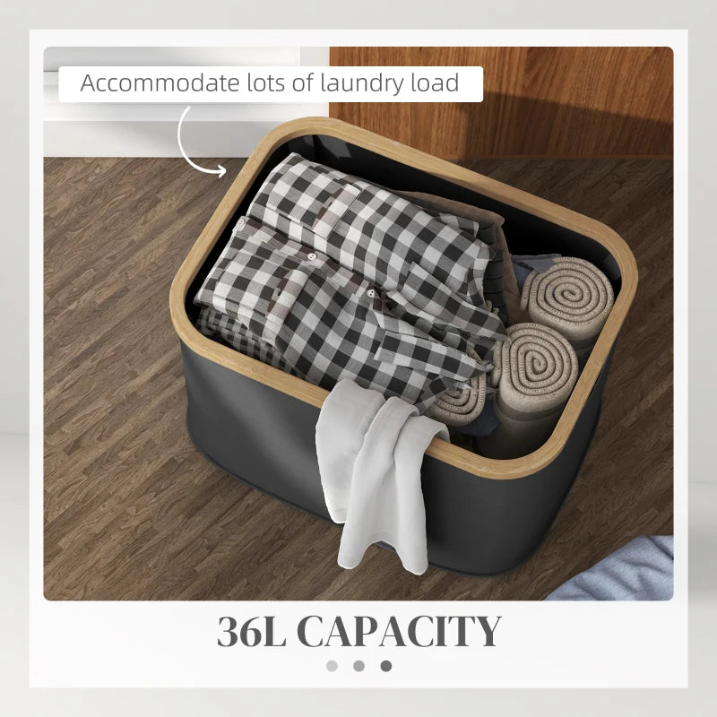 HOMCOM 36L Foldable Laundry Basket, with Bamboo Top, Black