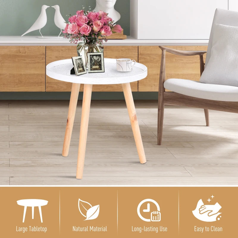 HOMCOM Carved Floral Round Coffee Table with Tray-style Top & Wood Legs, White