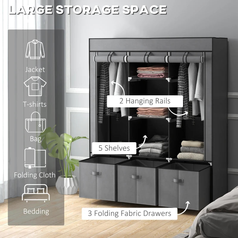HOMCOM Fabric Wardrobe with 5 Shelves, 2 Rails & 3 Drawers, 125x43x162.5cm, Grey