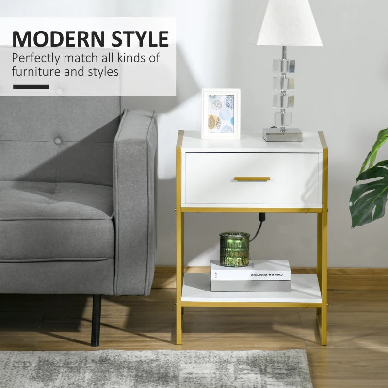 HOMCOM Modern Bedside Table, Nightstand with Drawer Shelf, Side Table, White and Gold