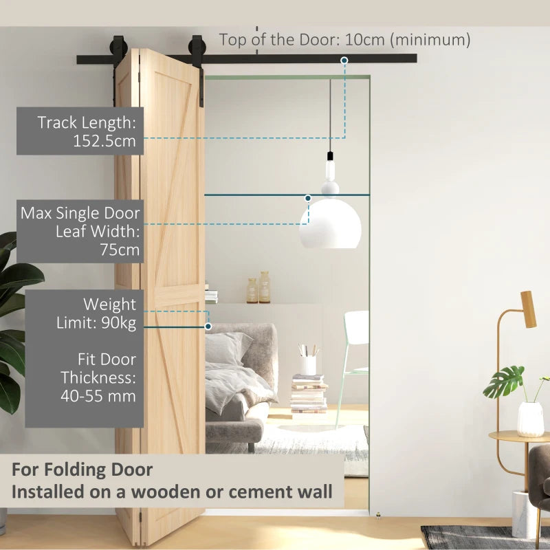 Homcom 5ft Heavy Duty Bi-Folding Sliding Barn Door Hardware Kit, 2 Doors, Black
