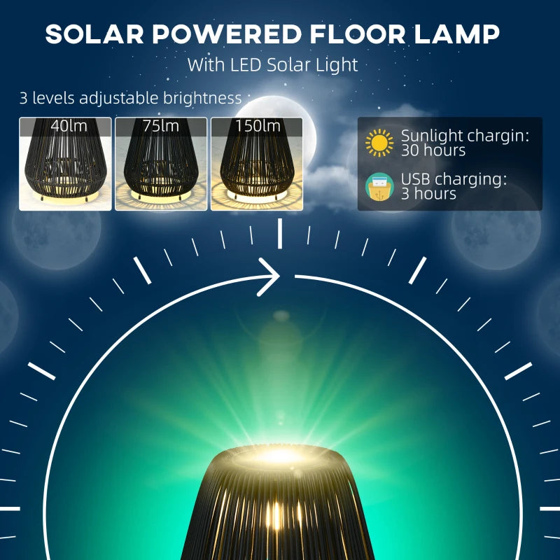 Outsunny Three-Level Solar Powered Rattan Wicker Lamp with Accessories, Black