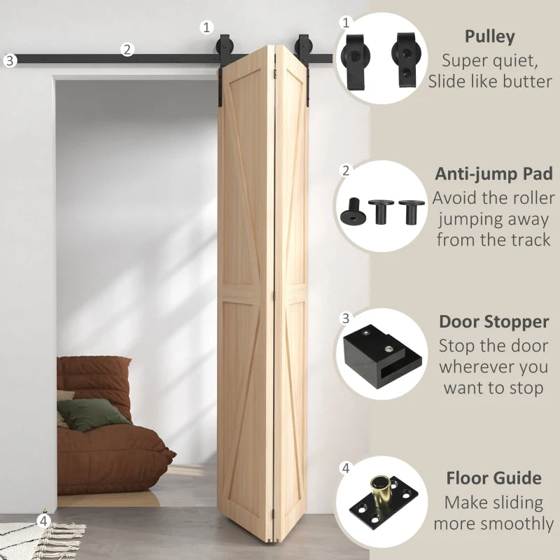 Homcom 5ft Heavy Duty Bi-Folding Sliding Barn Door Hardware Kit, 2 Doors, Black