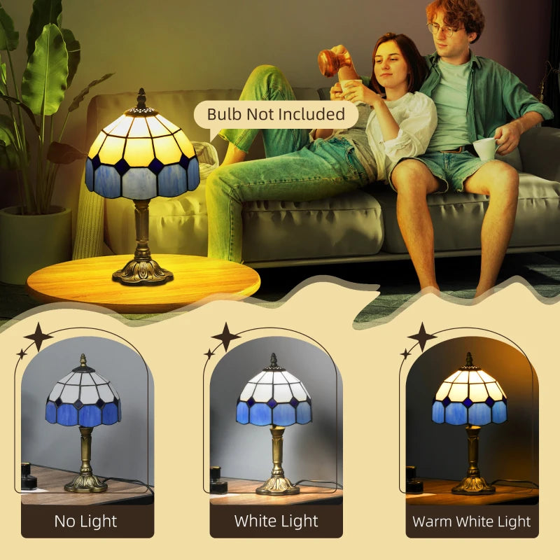 HOMCOM Handmade Stained Glass Table Lamp, Antique Bedside Decorative Night Light, Blue