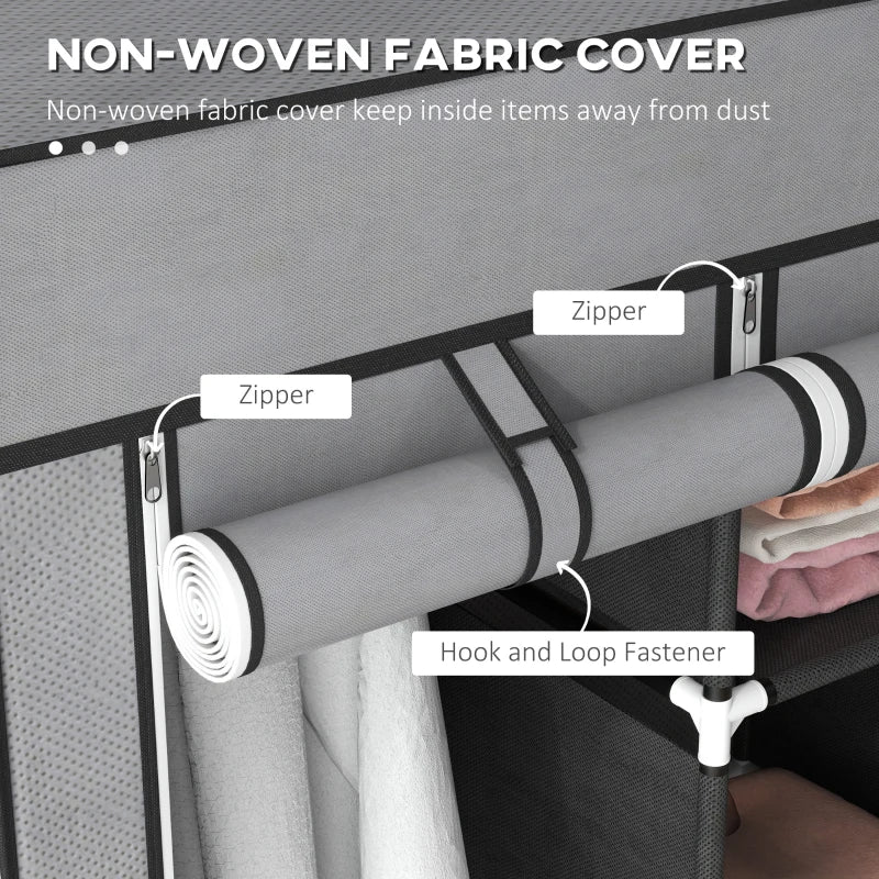 HOMCOM Fabric Wardrobe with 5 Shelves, 2 Rails & 3 Drawers, 125x43x162.5cm, Grey