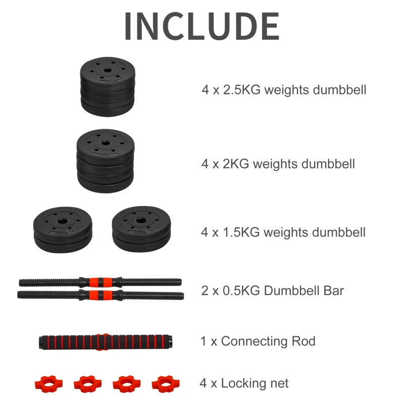 HOMCOM 25kg 2 IN 1 Adjustable Dumbbells Weight Set, Barbell for Body Fitness, Black
