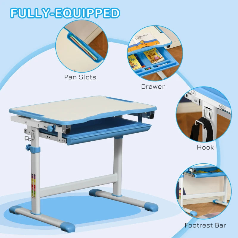 HOMCOM Kids Desk and Chair Set, Adjustable Study Table with Desktop, Drawer, Blue