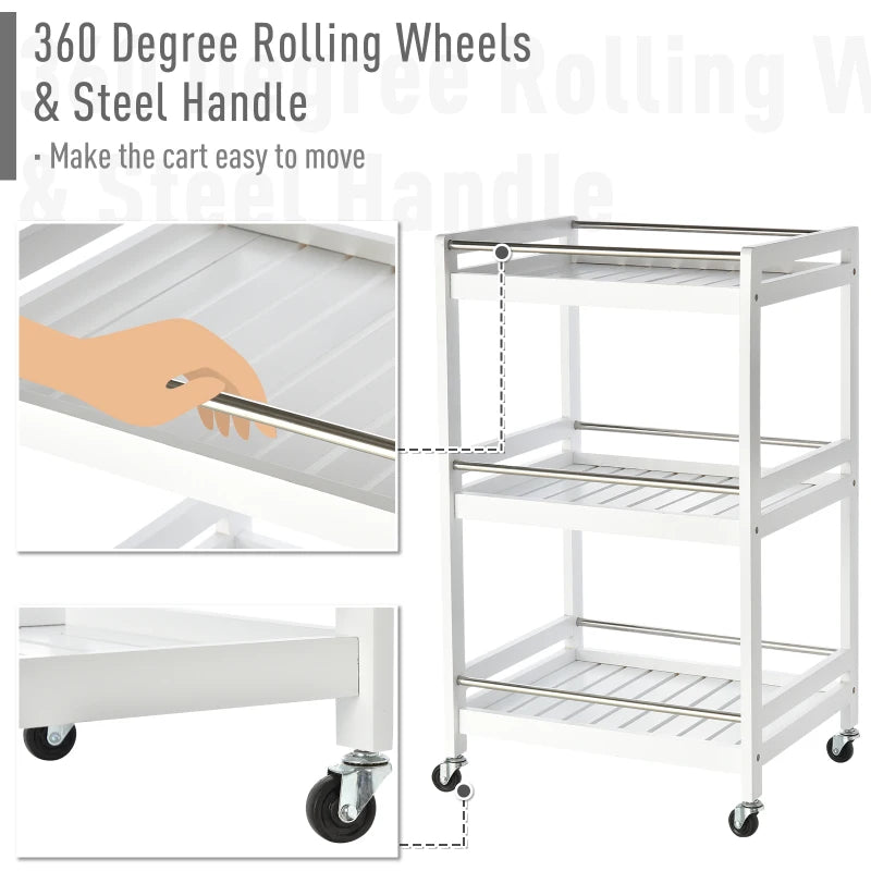 HOMCOM 3-Tier Home Kitchen Storage Cart with Steel Bars & Rolling Wheels, White