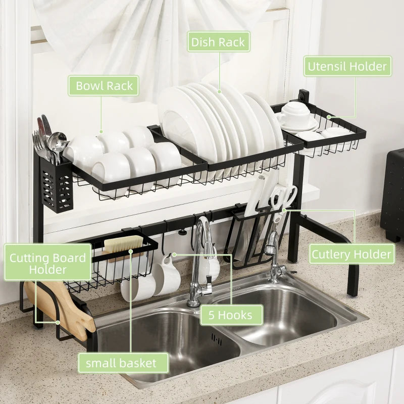 HOMCOM Space Saving 2-Tier Adjustable Dish Drainer Over The Sink Dish Rack, Black