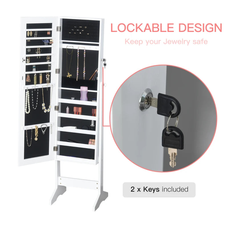 HOMCOM Jewelry Cabinet Standing Mirror Full Length Makeup Lockable Storage, White