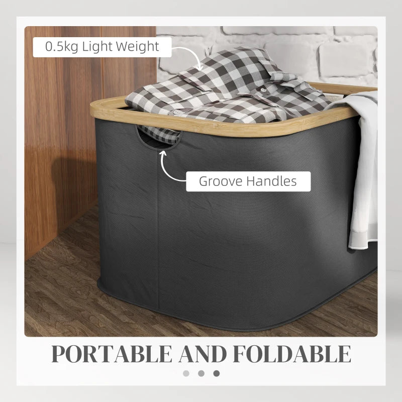 HOMCOM 36L Foldable Laundry Basket, with Bamboo Top, Black