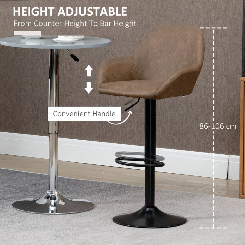HOMCOM Set of 2 Swivel PU Leather and Steel Base Bar Stools with Footrest & Backrest, Dark Brown