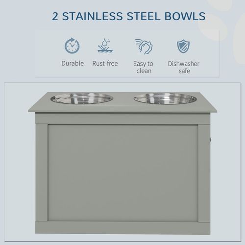 PawHut Raised 2 Stainless Bowls Pet Bowls w/ Storage, Elevated Base-Grey- Medium
