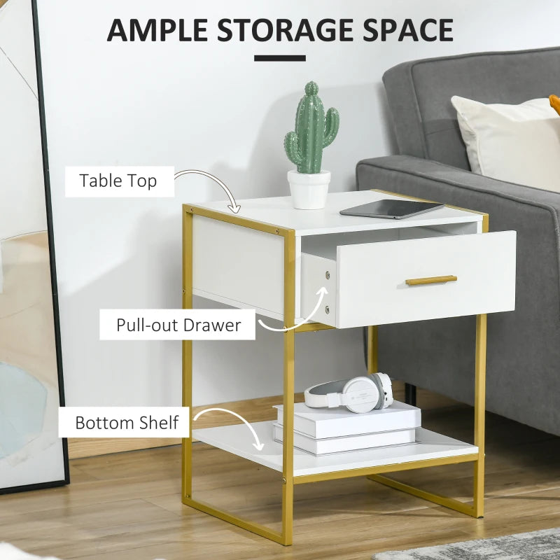 HOMCOM Modern Bedside Table, Nightstand with Drawer Shelf, Side Table, White and Gold