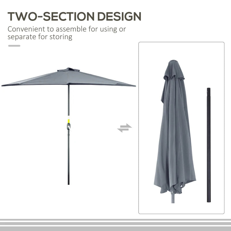 Outsunny 2.7m Garden Half Parasol, Balcony Umbrella Shade with 5 Steel Ribs, Grey