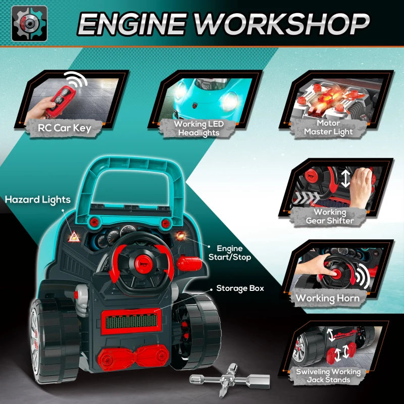 HOMCOM Kids Truck Engine Toy Set with Horn, Light, and Car Key, for 3-5 Years, Blue