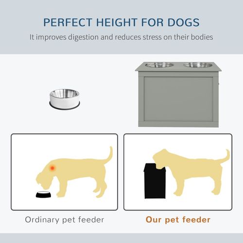 PawHut Raised 2 Stainless Bowls Pet Bowls w/ Storage, Elevated Base-Grey- Medium