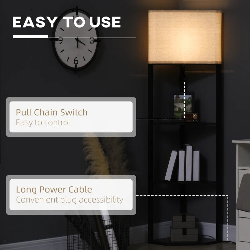 HOMCOM Corner Floor Lamp with Shelves, Modern Tall Standing Lamps with Chain Switch, Black