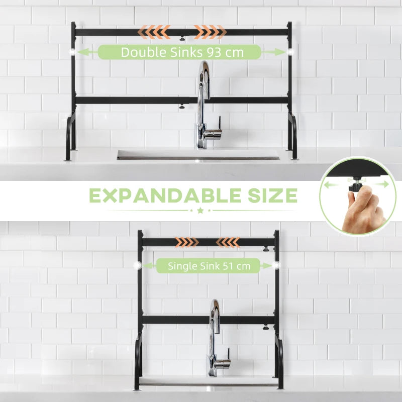 HOMCOM Space Saving 2-Tier Adjustable Dish Drainer Over The Sink Dish Rack, Black