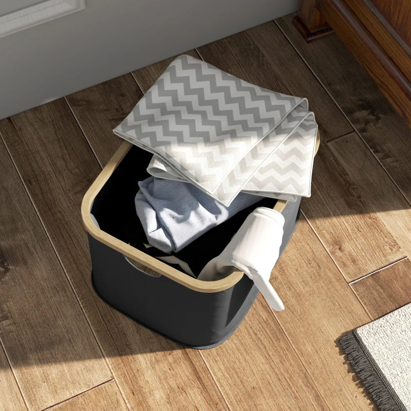 HOMCOM 36L Foldable Laundry Basket, with Bamboo Top, Black