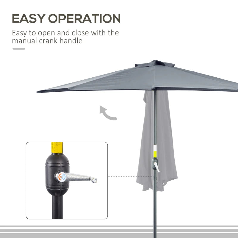 Outsunny 2.7m Garden Half Parasol, Balcony Umbrella Shade with 5 Steel Ribs, Grey
