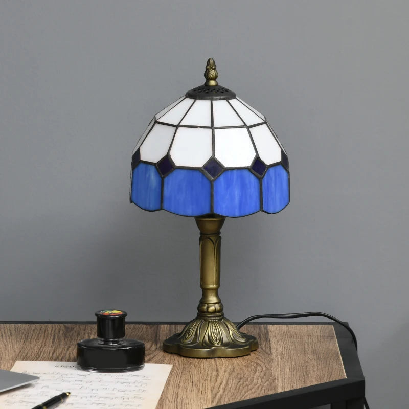 HOMCOM Handmade Stained Glass Table Lamp, Antique Bedside Decorative Night Light, Blue