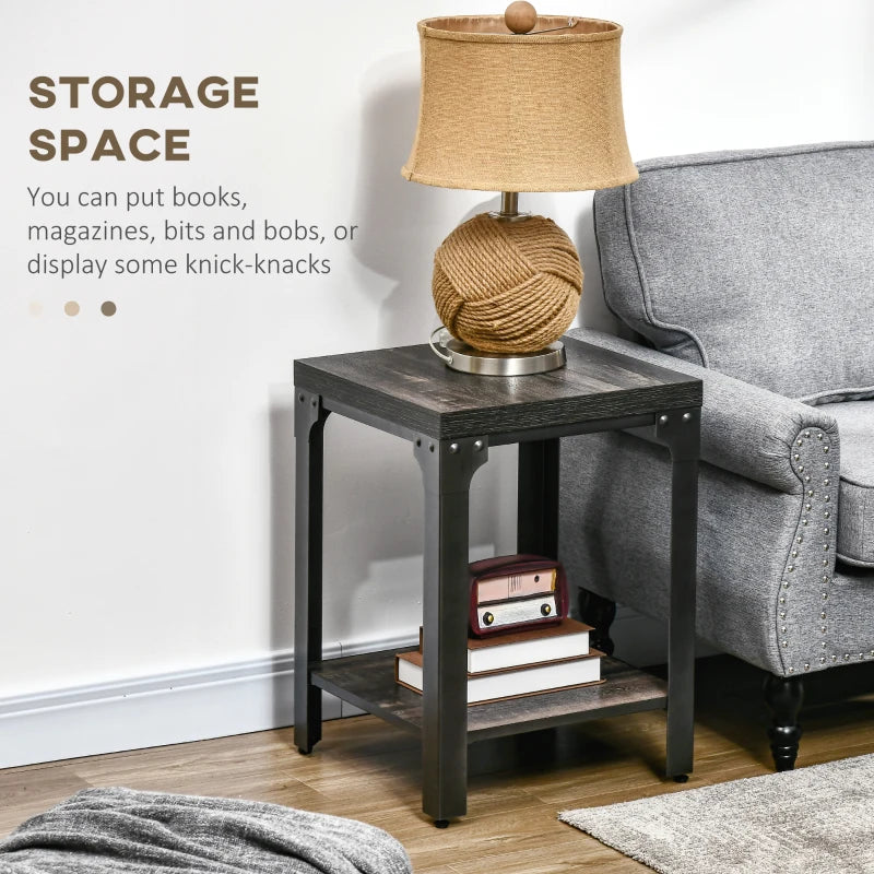 HOMCOM Side Table Set of 2 with Storage Shelf, Steel Frame and Thickened Top, Dark Walnut