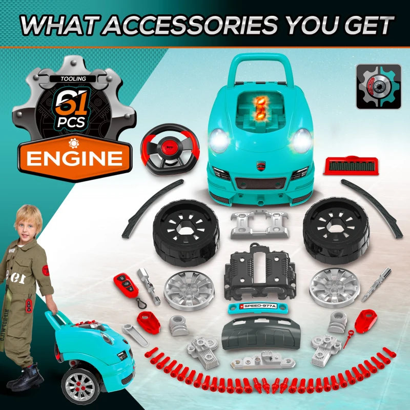 HOMCOM Kids Truck Engine Toy Set with Horn, Light, and Car Key, for 3-5 Years, Blue