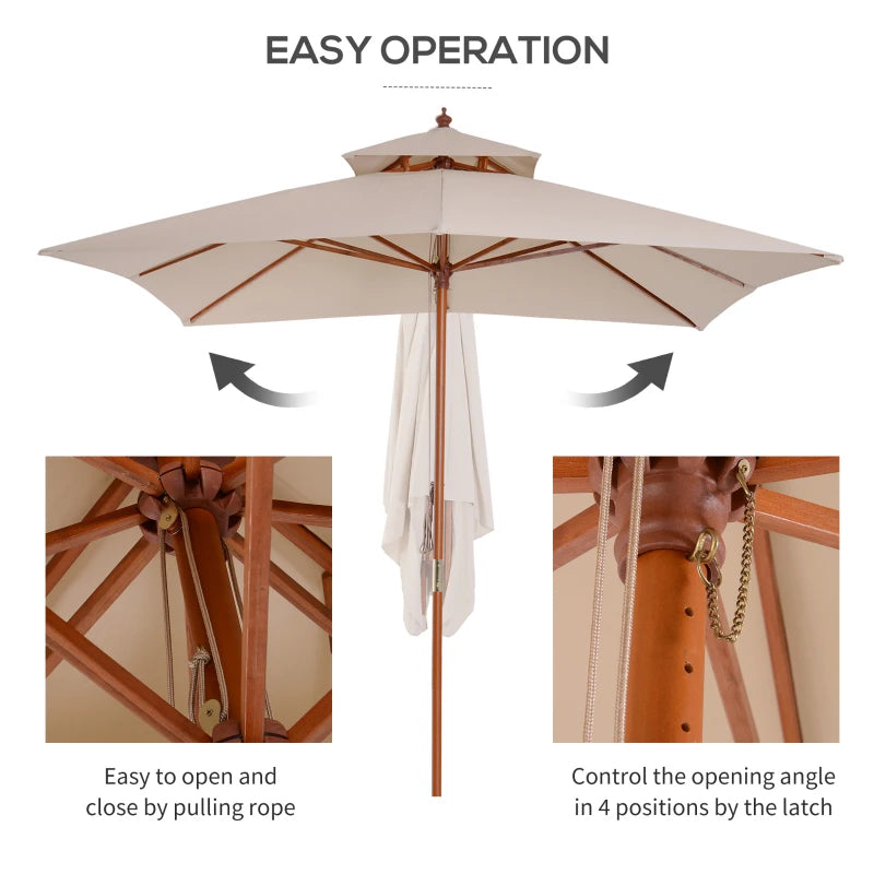 Outsunny 3m x 3m Wooden Parasol Patio Garden Umbrella Sunshade Canopy 2-Tier, Beige