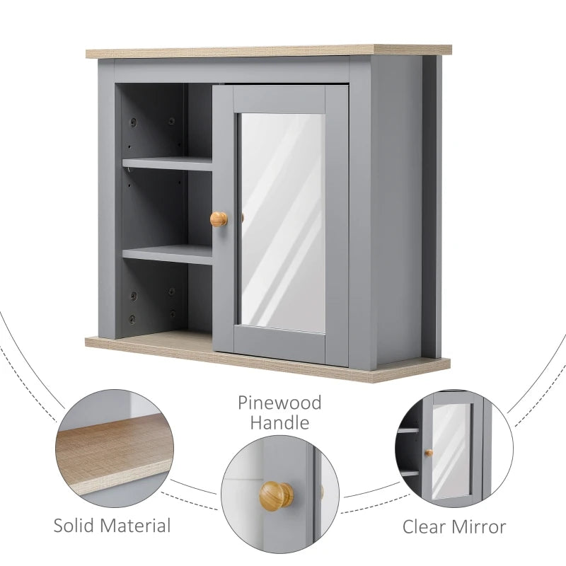 Kleankin Bathroom Wall Mirror Cabinet, Cupboard with Door, Storage Cabinet with Adjustable Shelf, Grey